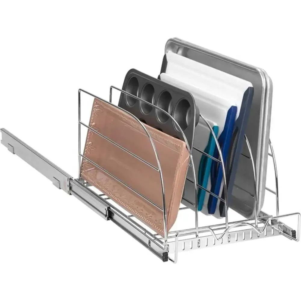 Pull Out Bakeware Organizer for Cutting Boards & Trays, Adjustable Cabinet Rack